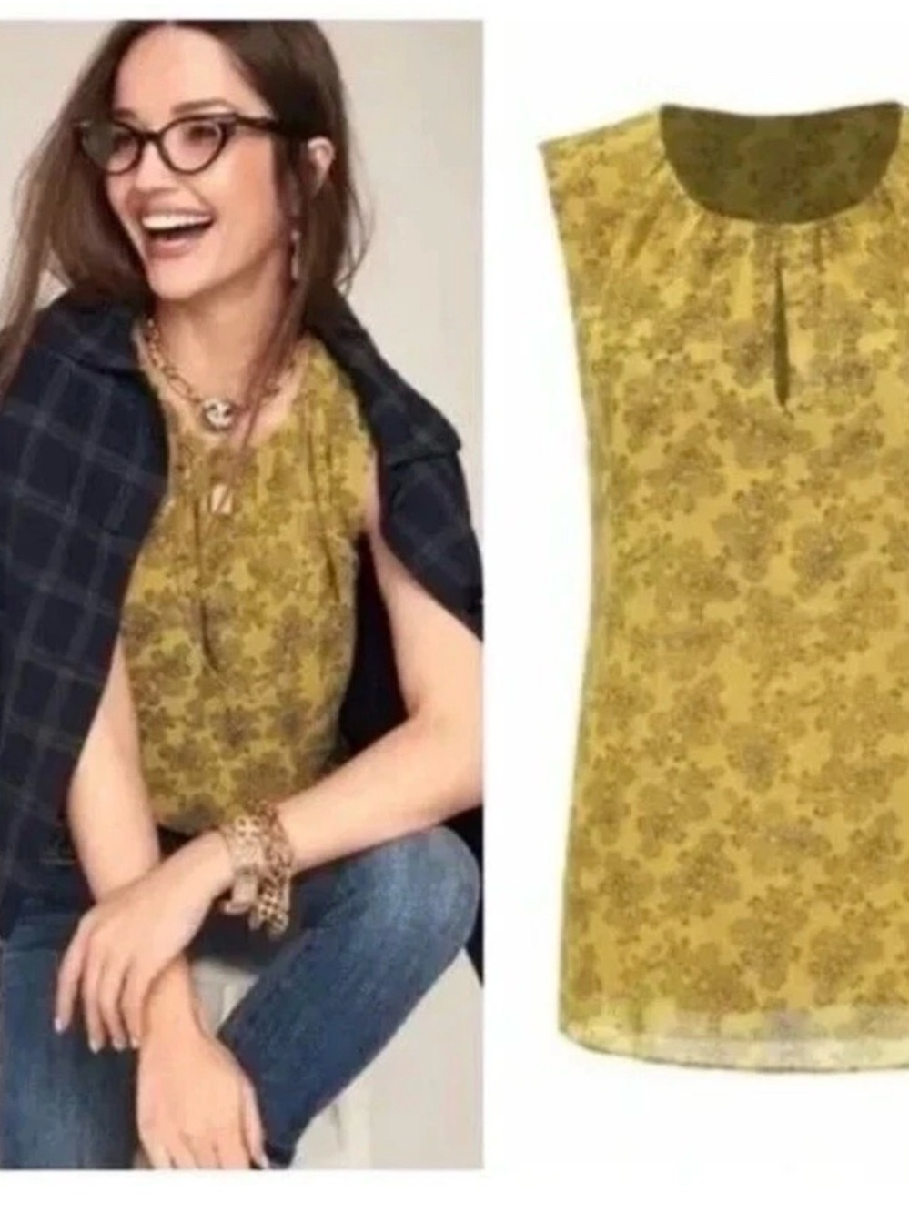 CAbi Sleeveless Floral Print Keyhole Top - Yellow Medium